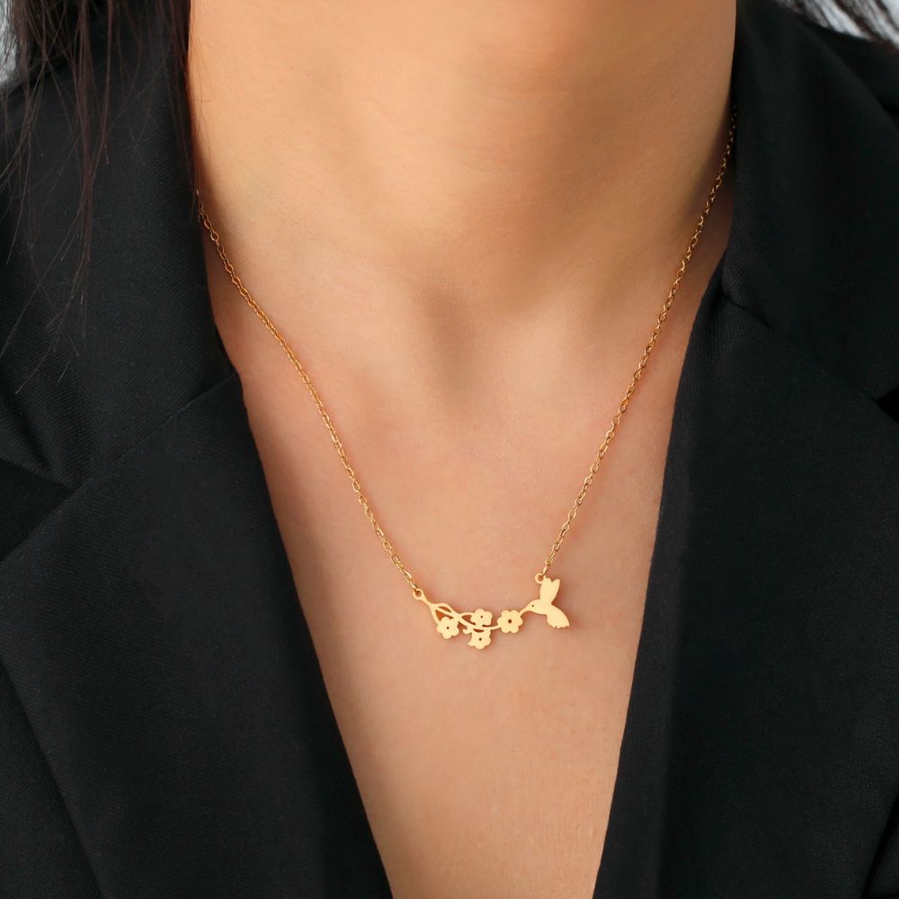 Collier Fleur Oiseau Or