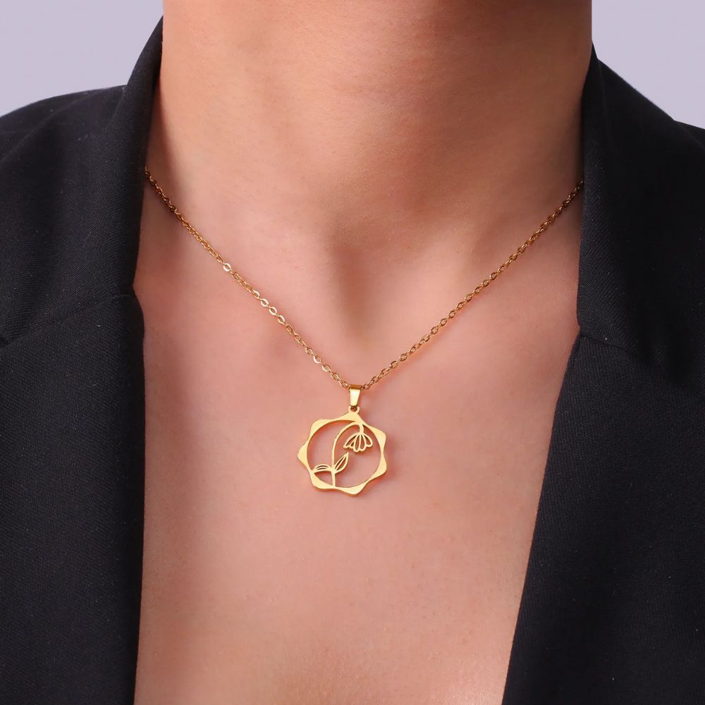 Collier Fleur Pendante Acier