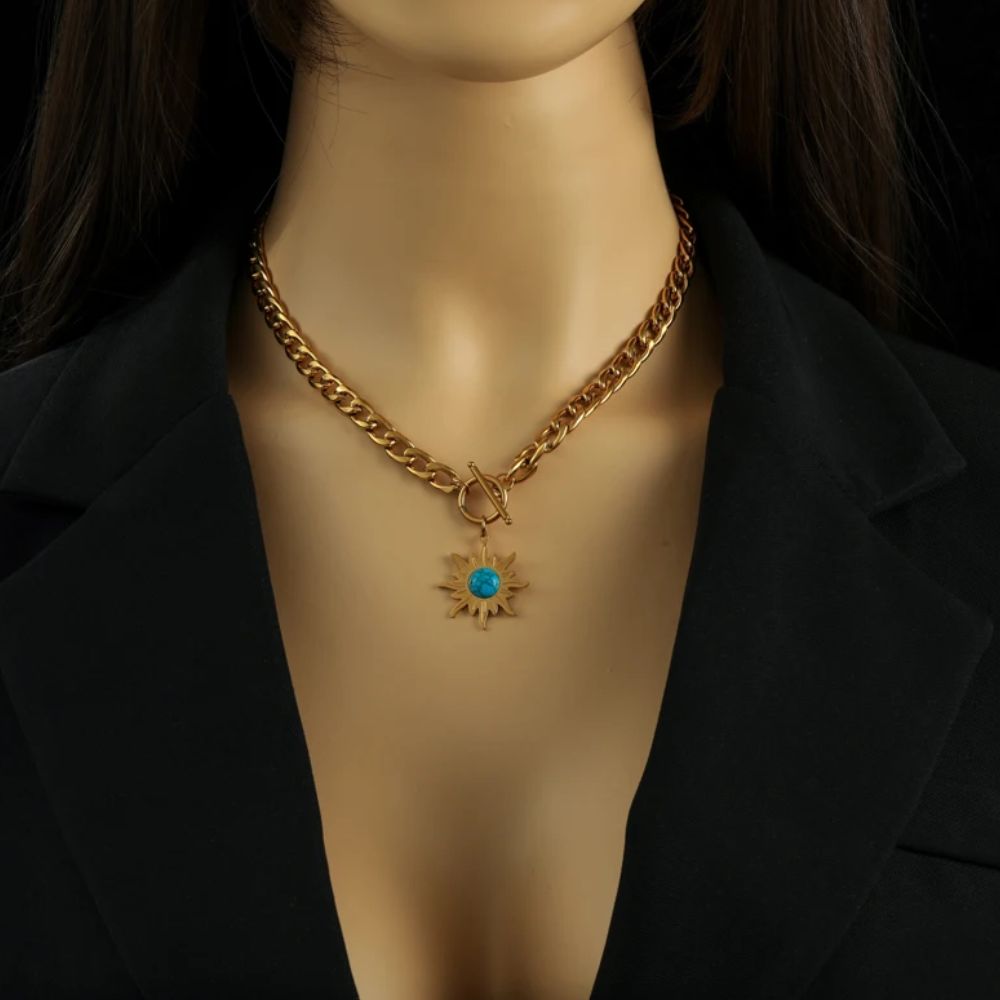 Collier Fleur Perle Bleue Or