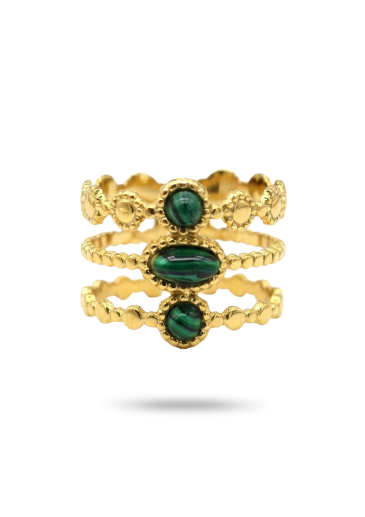 Bague Triple Rang Perles Vertes Malachite