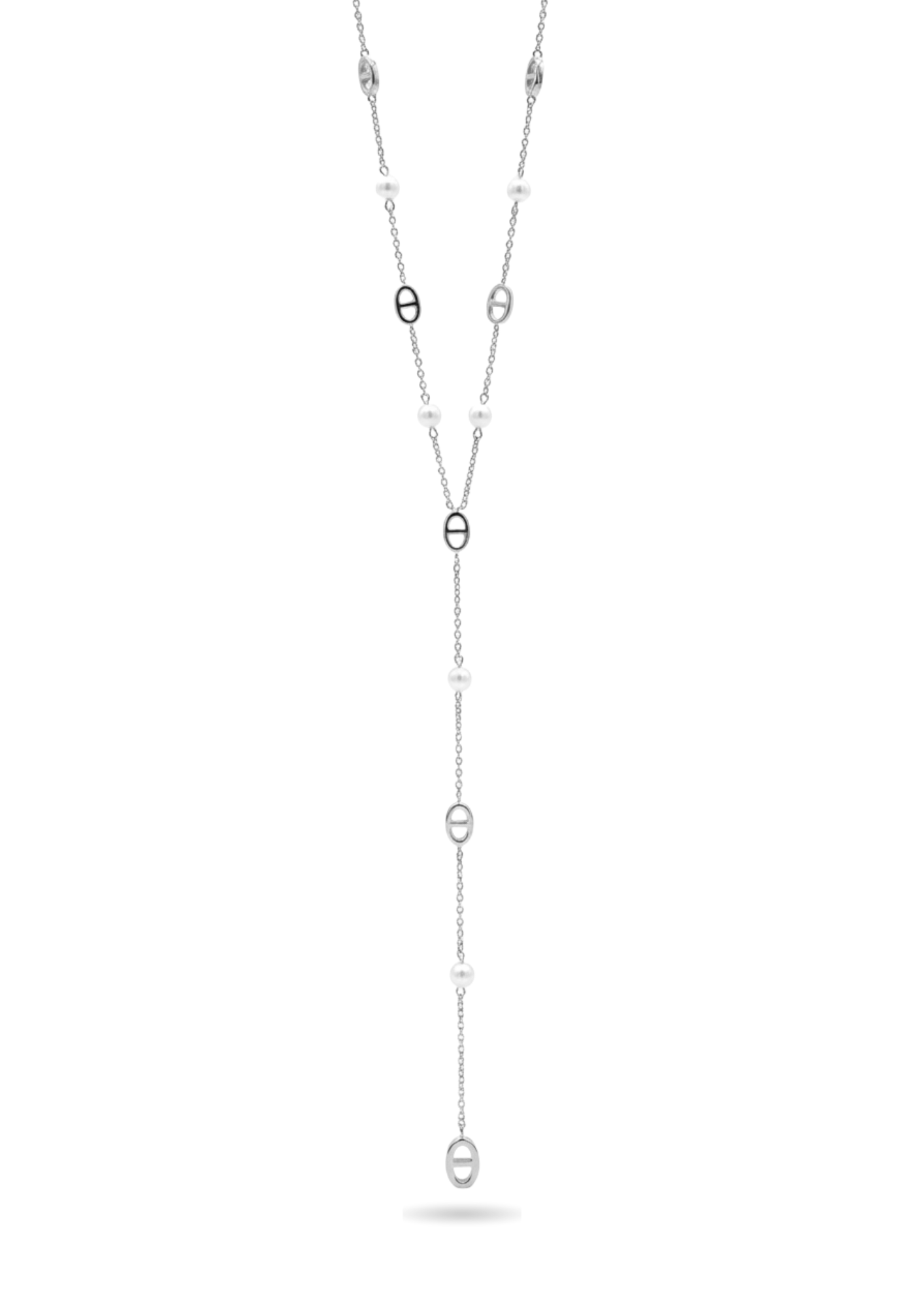 Collier Y Maille Marine Perles Blanches argent