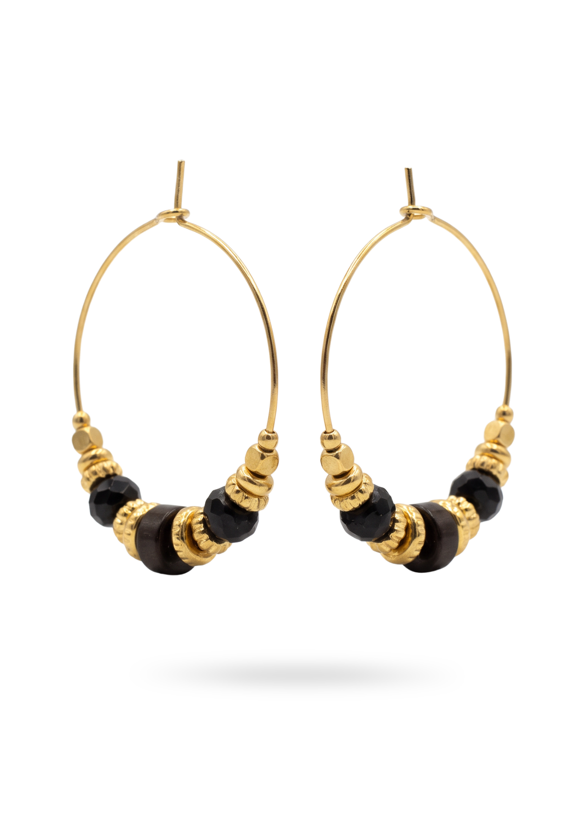 Boucles d'Oreilles Créoles Dorées à Perles noire