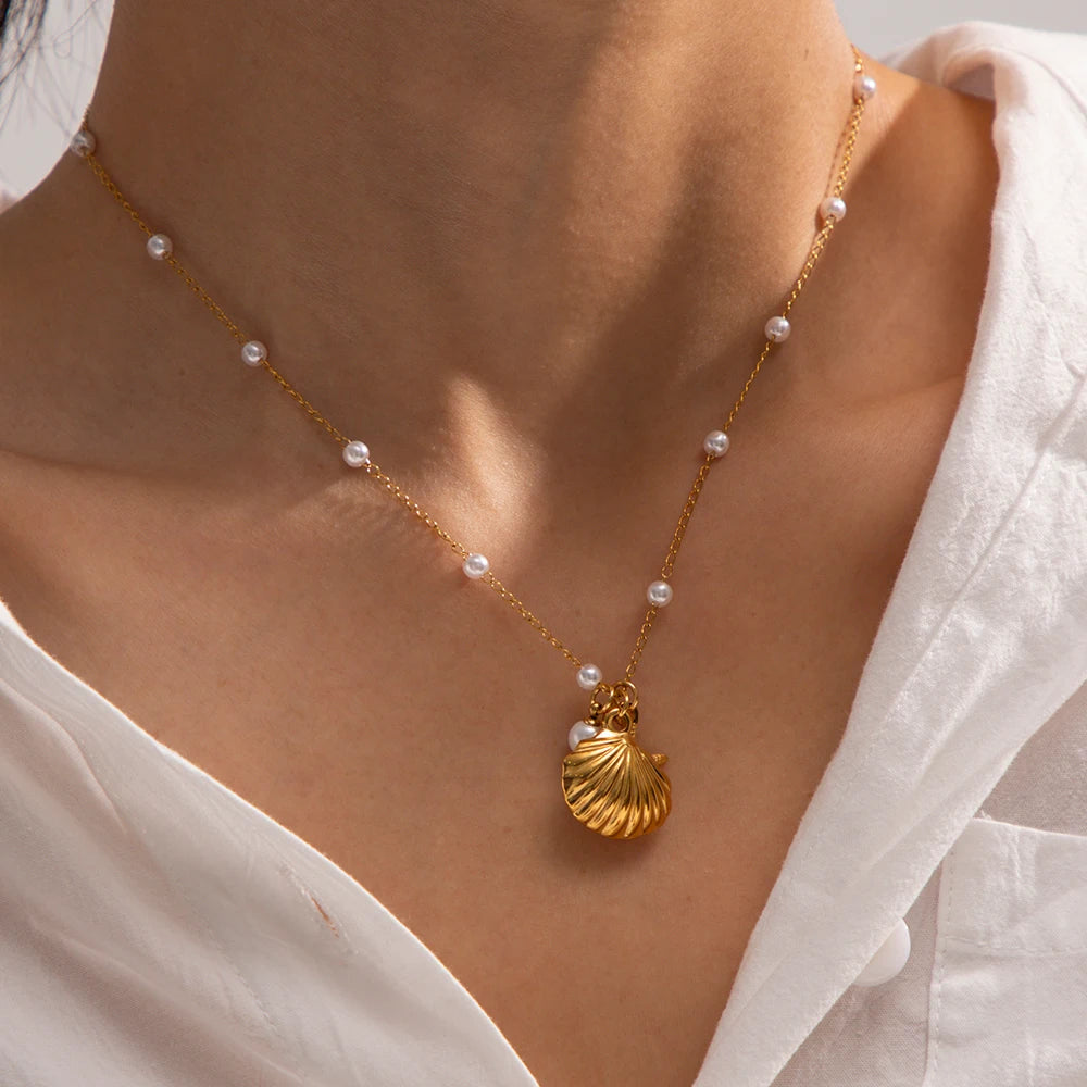 Uworld Stainless Steel Starfish Shell Texture Pendant Shell Bead Necklace Women Waterproof Jewelry Summer Holiday Gift free ship