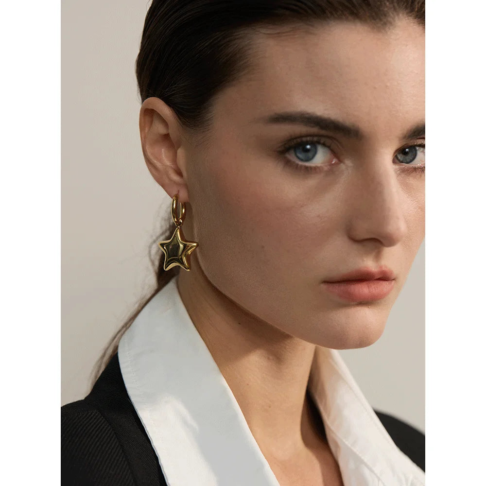 Yhpup Fashion Stainless Steel Star Hollow Thick Drop Hoop Earrings Women 18K Gold Plated Polished Texture Charm Daily Jewelry