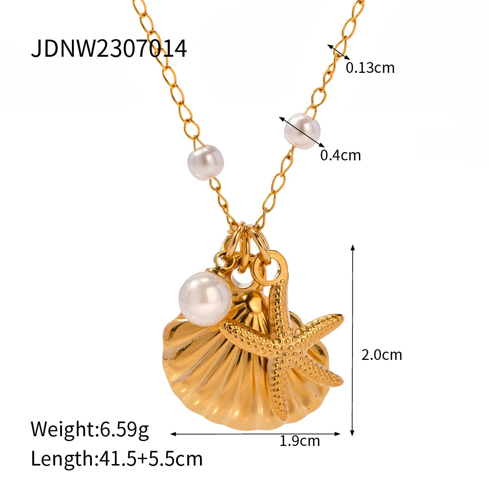 Uworld Stainless Steel Starfish Shell Texture Pendant Shell Bead Necklace Women Waterproof Jewelry Summer Holiday Gift free ship