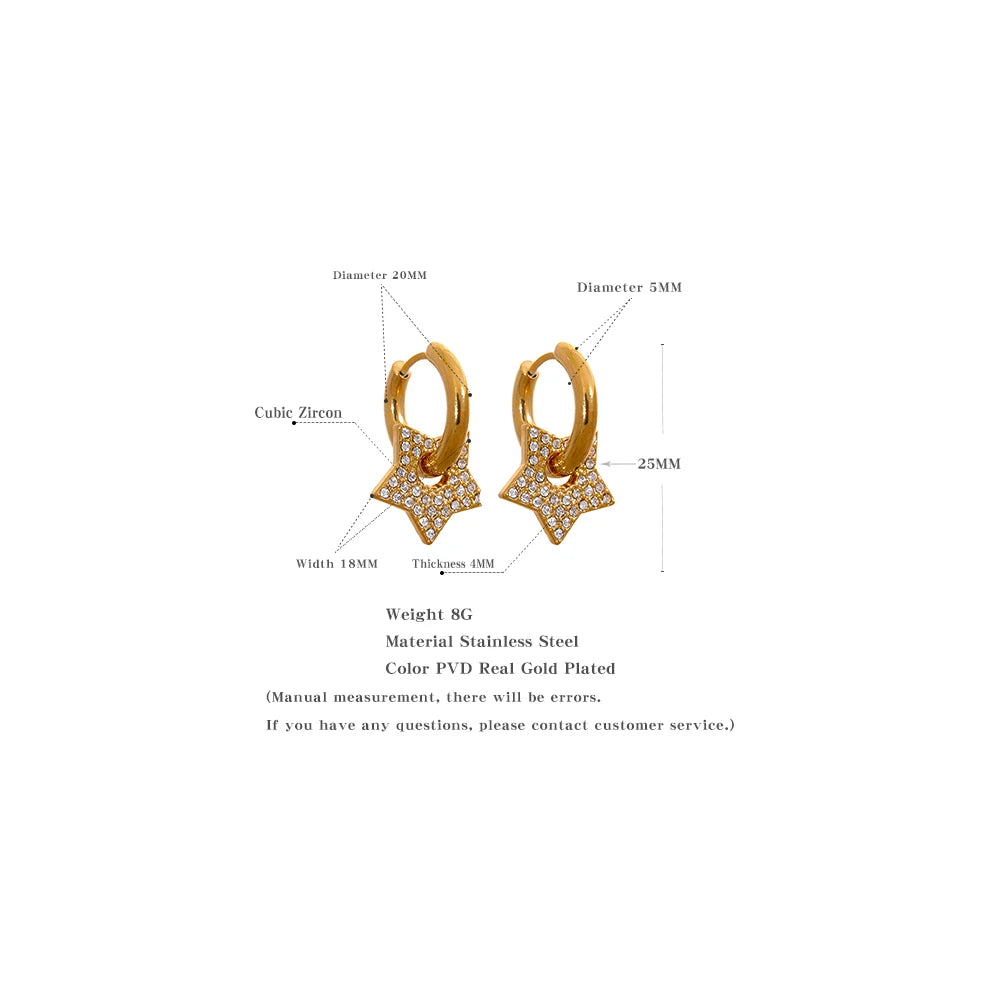Yhpup Fashion Star Drop Stainless Steel Cubic Zirconia Hoop Earrings for Women 18K PVD Plated Texture Basic Daily Jewelry Gift