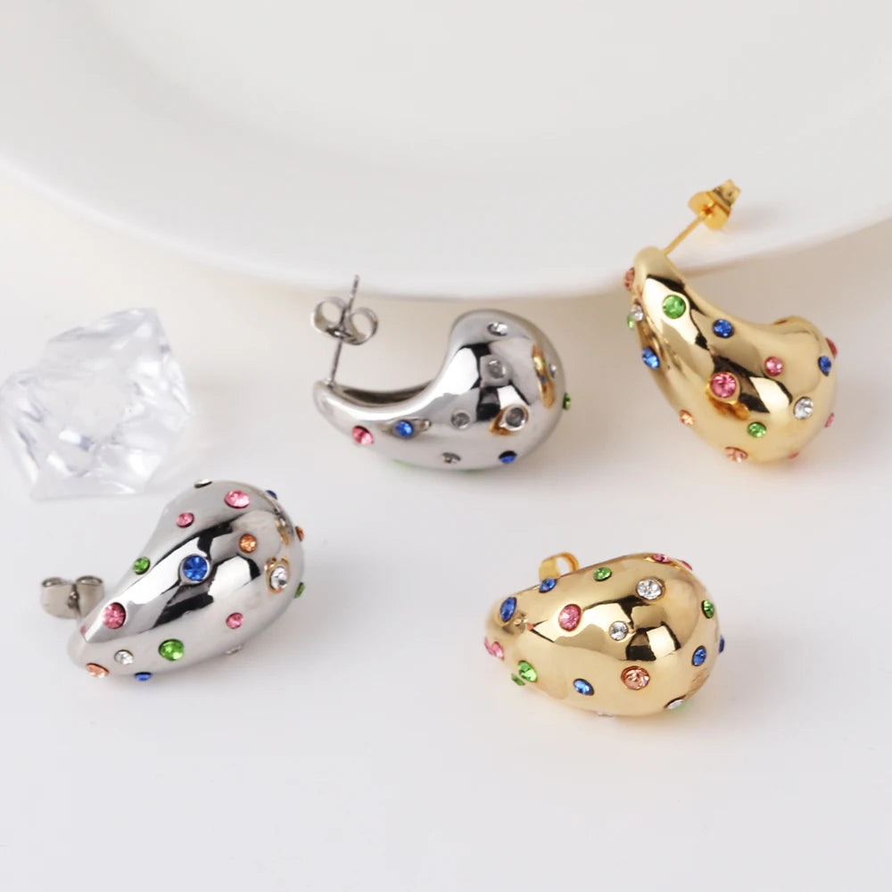Waterproof Teardrop Shape Stud Earring Inlay Beads 18K PVD Gold Plated Stainless Steel Elegance Drop Earrings For Women
