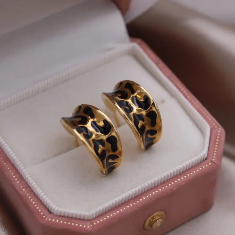 South Korea new design fashion jewelry 18K gold plated enamel leopard print drop earrings elegant women's daily work accessories