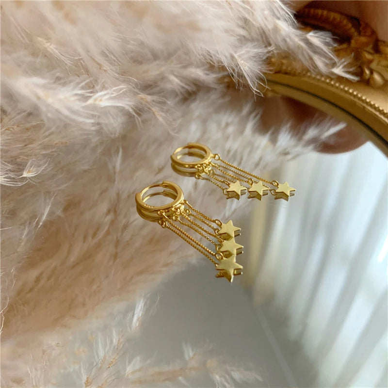 AIDE 925 Sterling Silver Piercing Gold Tassel Star Hoop Earrings For Women Loops Earring Jewelry Korean Bijoux Femme Joyero Gift