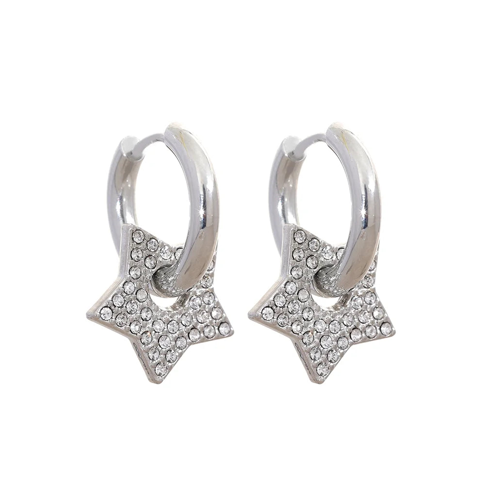 Yhpup Fashion Star Drop Stainless Steel Cubic Zirconia Hoop Earrings for Women 18K PVD Plated Texture Basic Daily Jewelry Gift