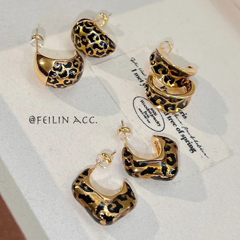 South Korea new design fashion jewelry 18K gold plated enamel leopard print drop earrings elegant women's daily work accessories
