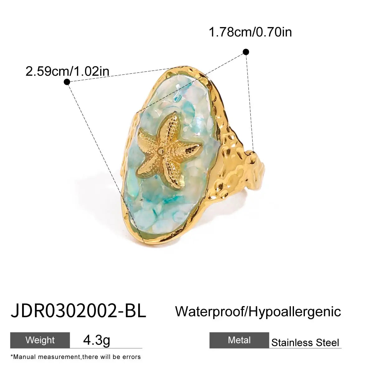 Youthway Shells Starfish Adjustable Open Ring Stainless Steel Finger Jewelry Waterproof Trendy Ring For Summer Ocean