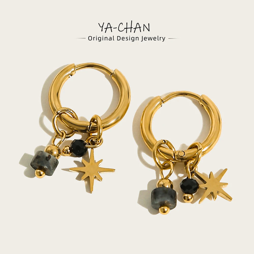 YACHAN 18K Gold Plated Stainless Steel Hoop Earrings for Women Natural Stone Star Charms Aesthetic Trendy Jewelry