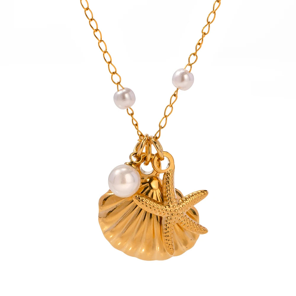 Uworld Stainless Steel Starfish Shell Texture Pendant Shell Bead Necklace Women Waterproof Jewelry Summer Holiday Gift free ship