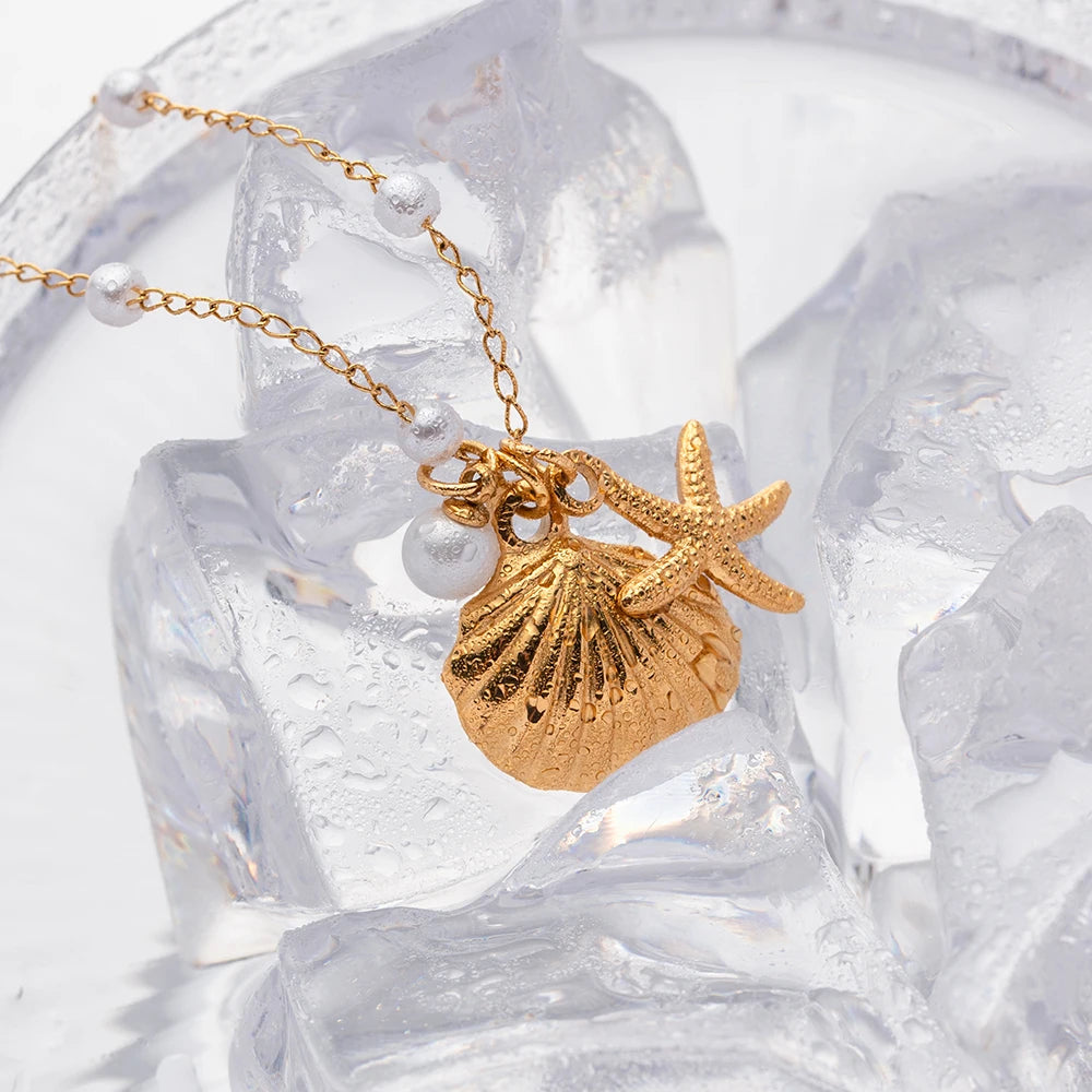 Uworld Stainless Steel Starfish Shell Texture Pendant Shell Bead Necklace Women Waterproof Jewelry Summer Holiday Gift free ship