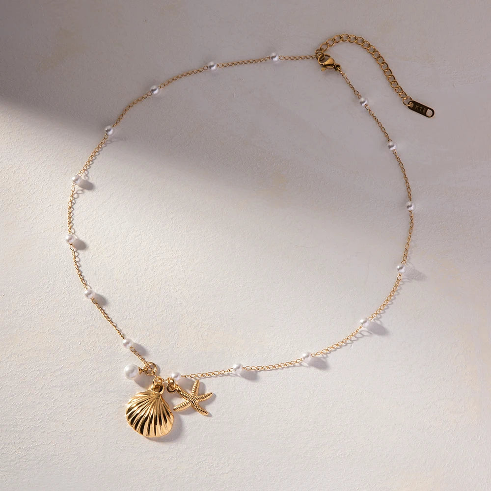 Uworld Stainless Steel Starfish Shell Texture Pendant Shell Bead Necklace Women Waterproof Jewelry Summer Holiday Gift free ship