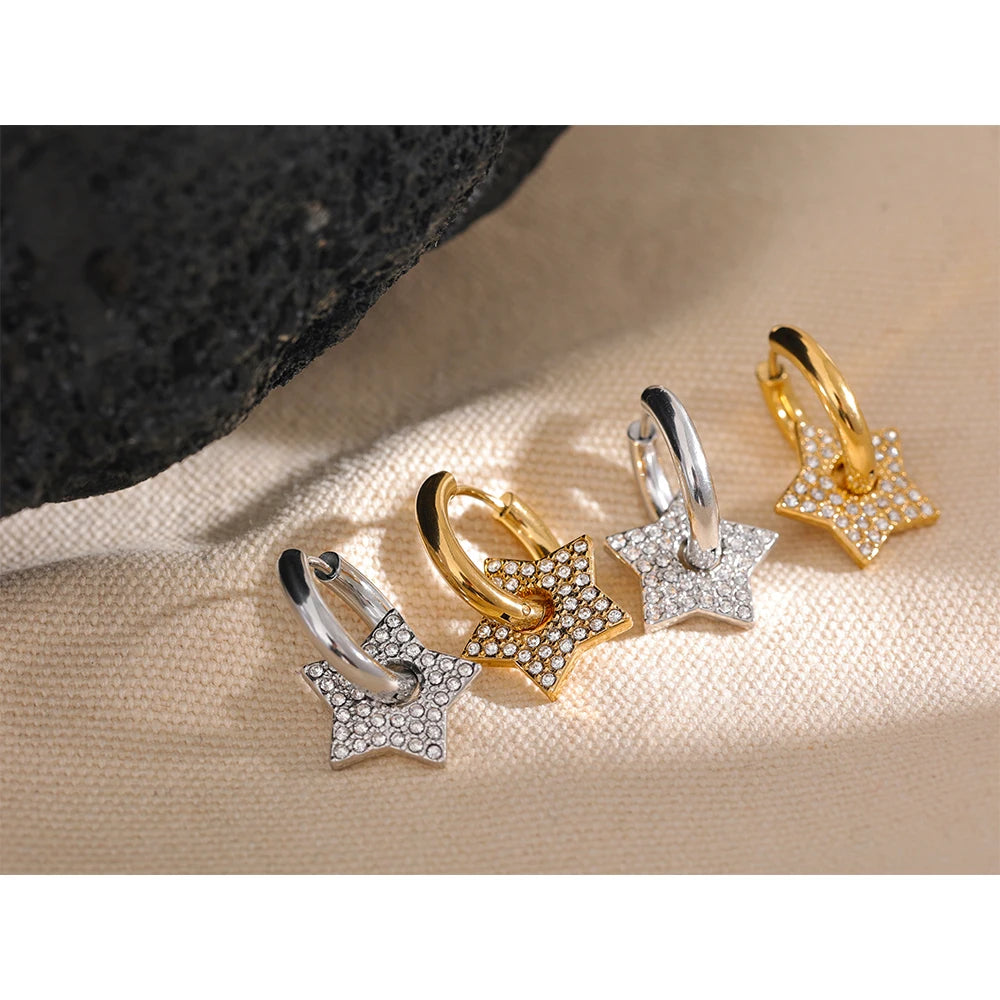 Yhpup Fashion Star Drop Stainless Steel Cubic Zirconia Hoop Earrings for Women 18K PVD Plated Texture Basic Daily Jewelry Gift