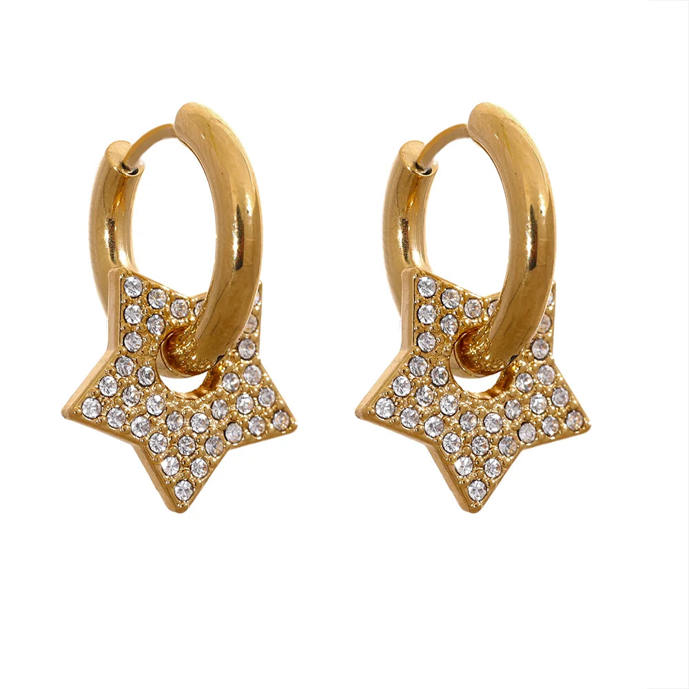 Yhpup Fashion Star Drop Stainless Steel Cubic Zirconia Hoop Earrings for Women 18K PVD Plated Texture Basic Daily Jewelry Gift
