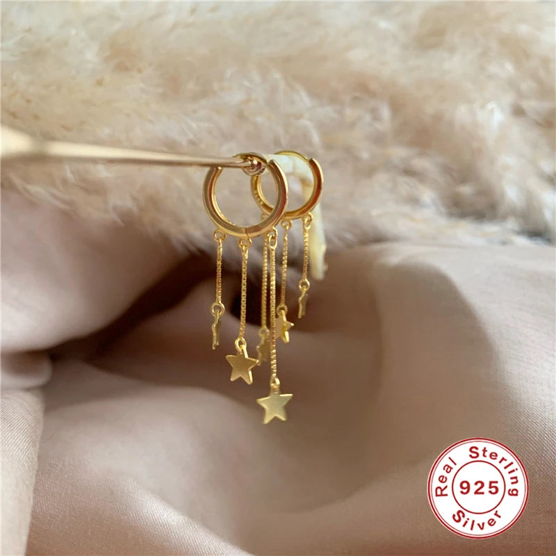 AIDE 925 Sterling Silver Piercing Gold Tassel Star Hoop Earrings For Women Loops Earring Jewelry Korean Bijoux Femme Joyero Gift