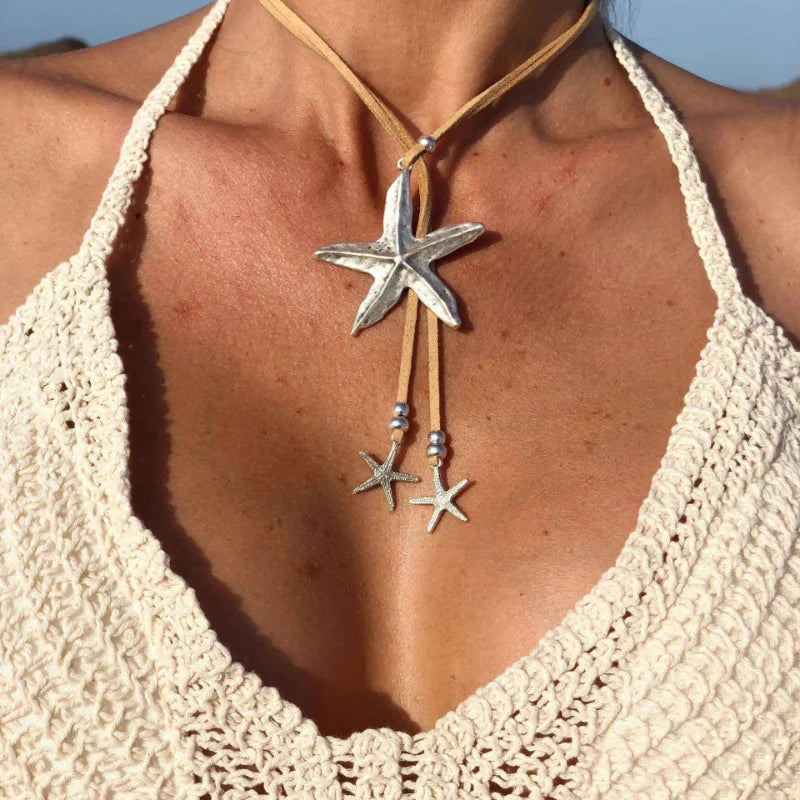Starfish Pendant, Bohemian Lariat Y Brown Velvet Rope Layering Necklace for Women Teen Girls Long Statement Necklace