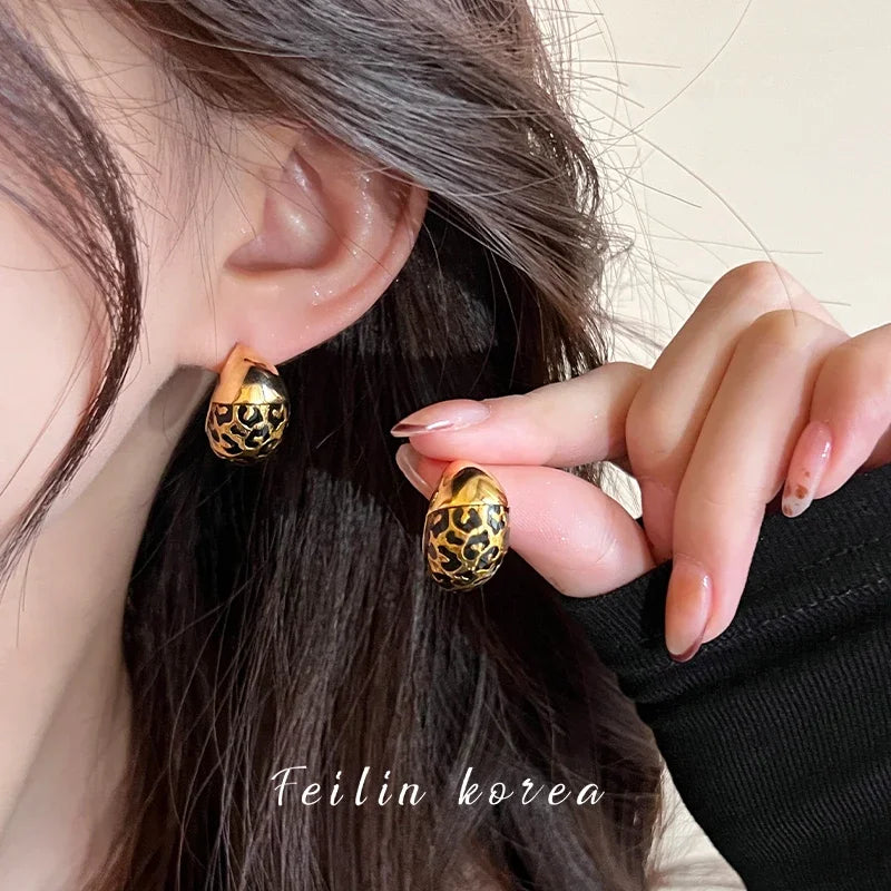South Korea new design fashion jewelry 18K gold plated enamel leopard print drop earrings elegant women's daily work accessories