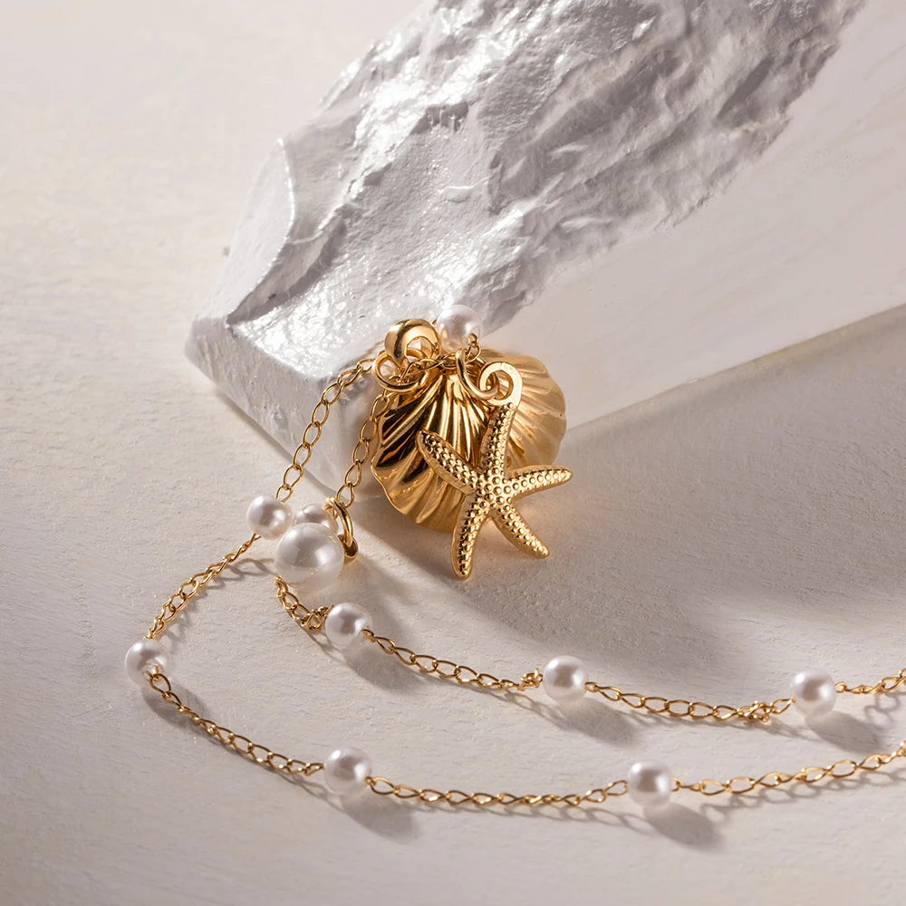 Uworld Stainless Steel Starfish Shell Texture Pendant Shell Bead Necklace Women Waterproof Jewelry Summer Holiday Gift free ship