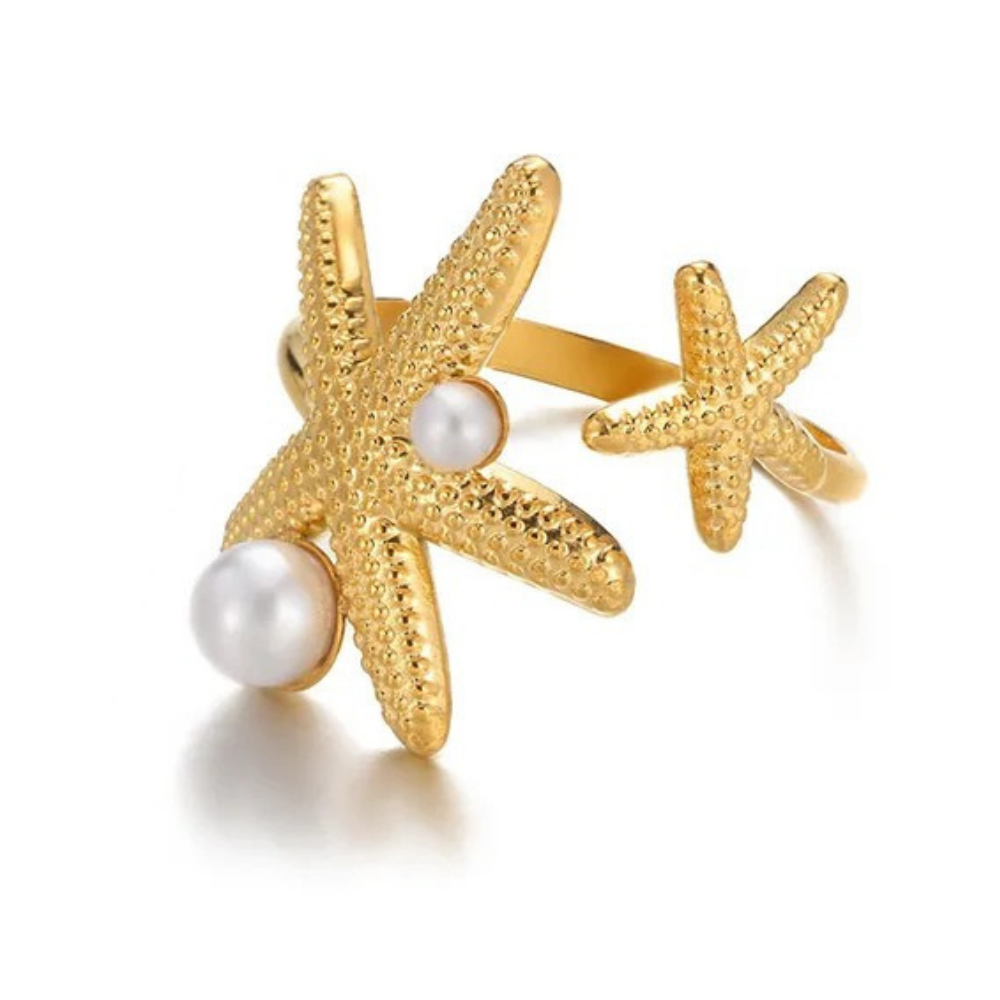 Bague Double Étoile de Mer Perle Blanche