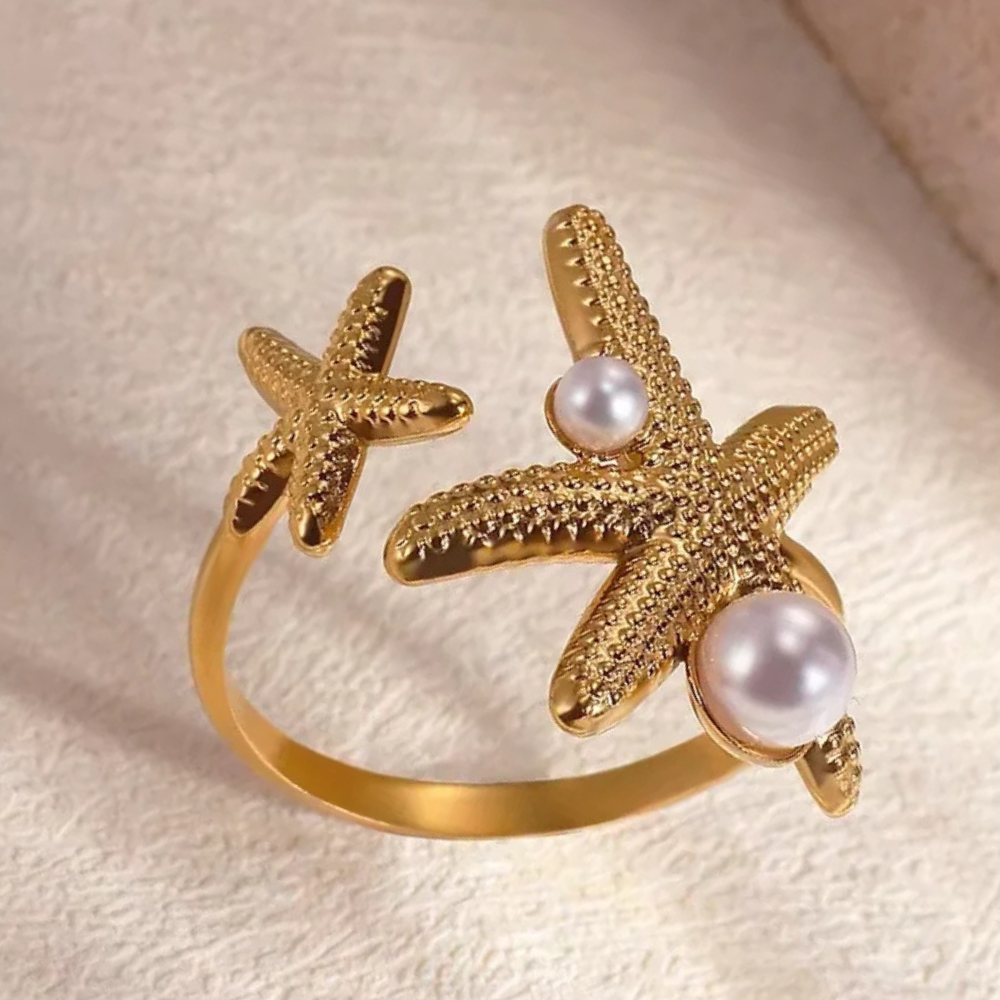 Bague Double Étoile de Mer Perle Blanche pas cher