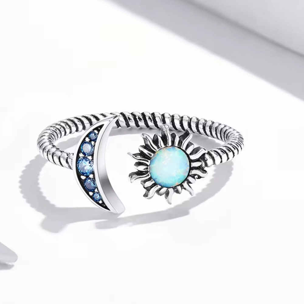 Bague Soleil et Lune Bleu Argent Sterlling