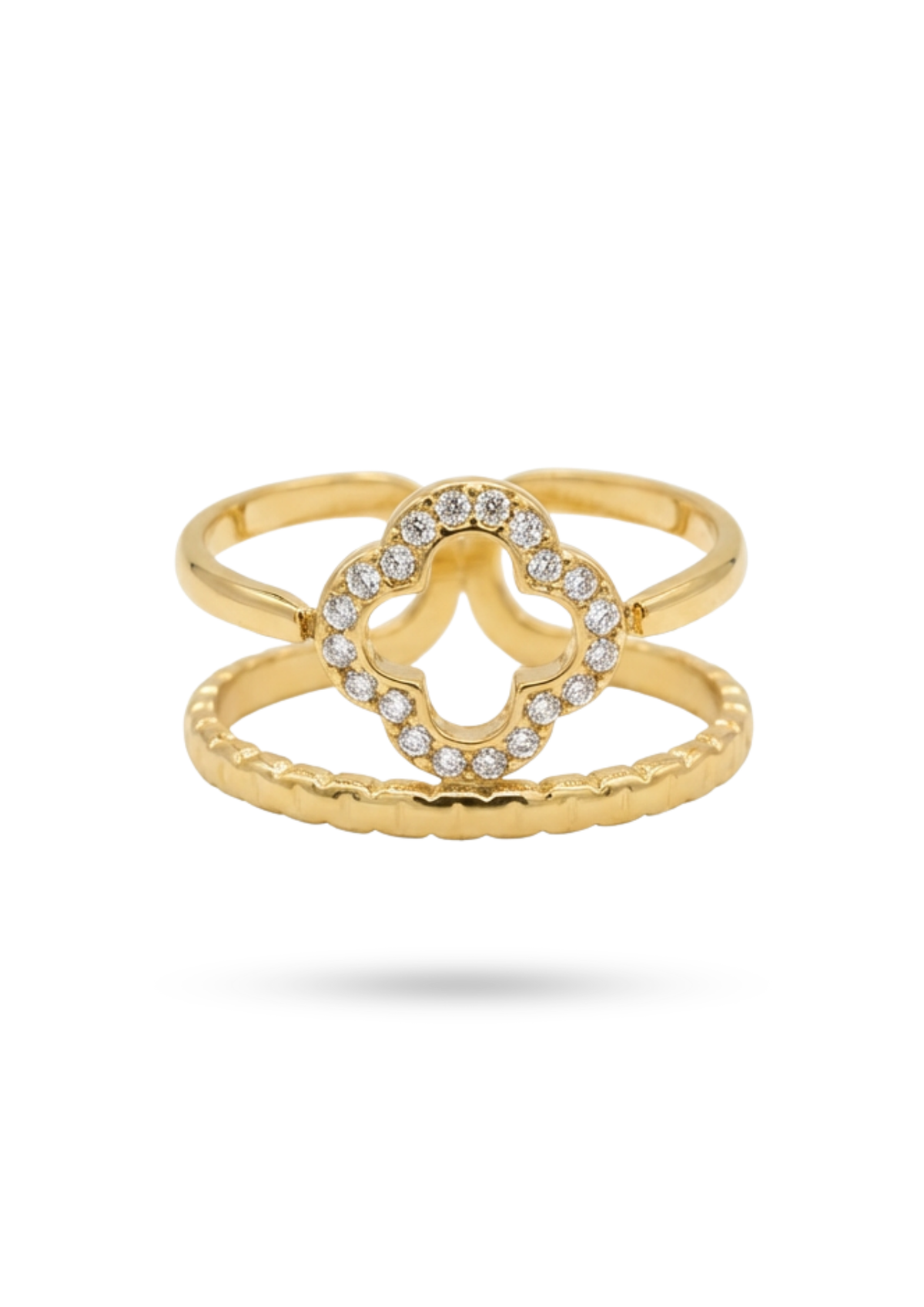 Bague Double Rang Trèfle Ajouré Strass or