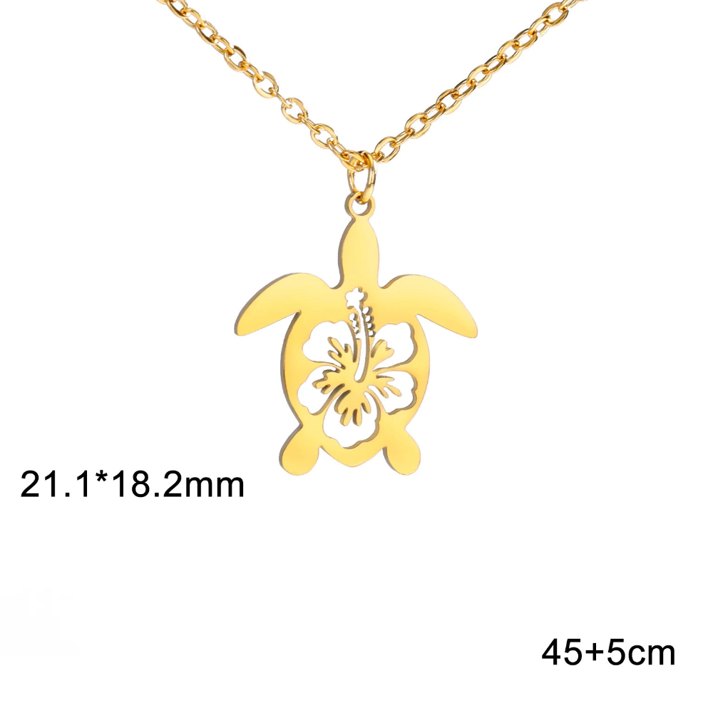Collier Tortue Floral acier doré