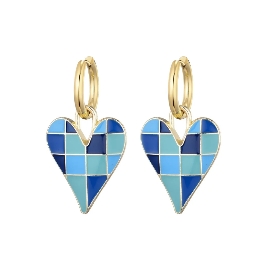 Boucles d'Oreilles Coeur Carreaux bleu