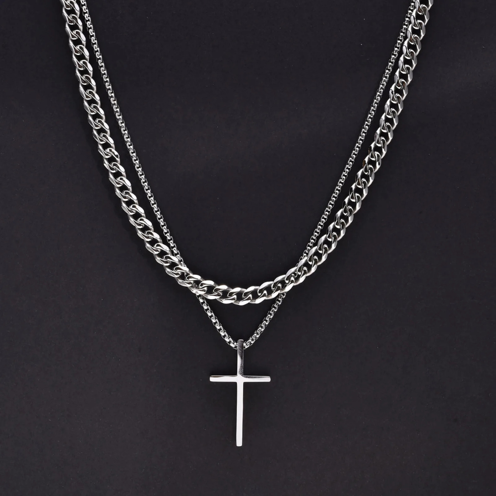 Double Collier Croix Homme argent