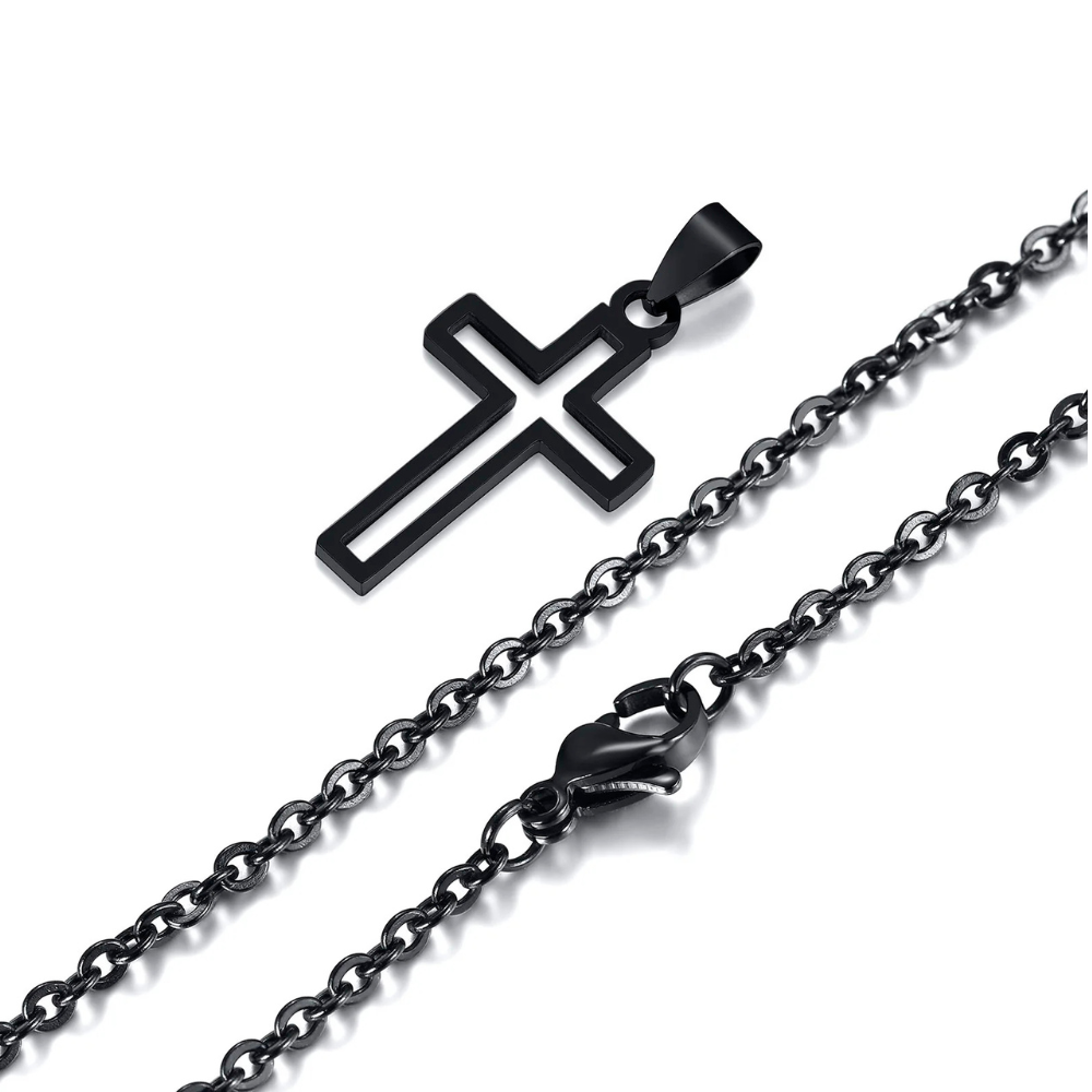 Collier Croix pendentif chaine longue noire