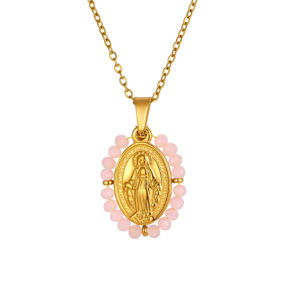Collier Vierge Marie Perles rose