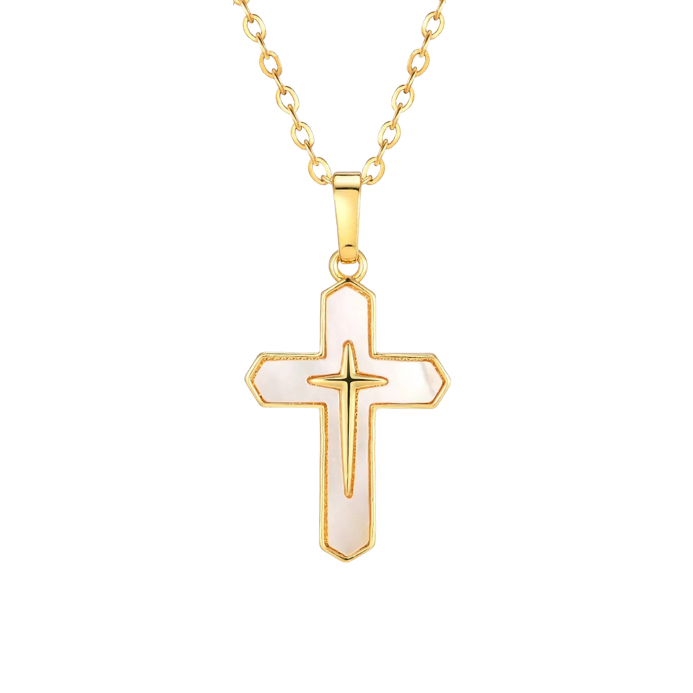 Collier Croix Nacre Blanc Or