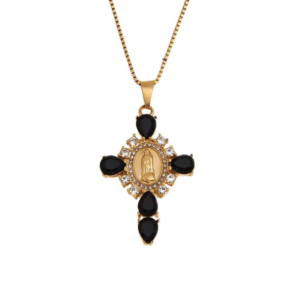 Collier Croix Pierres Noires
