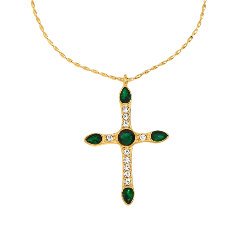 Collier Croix Dorée et Verte