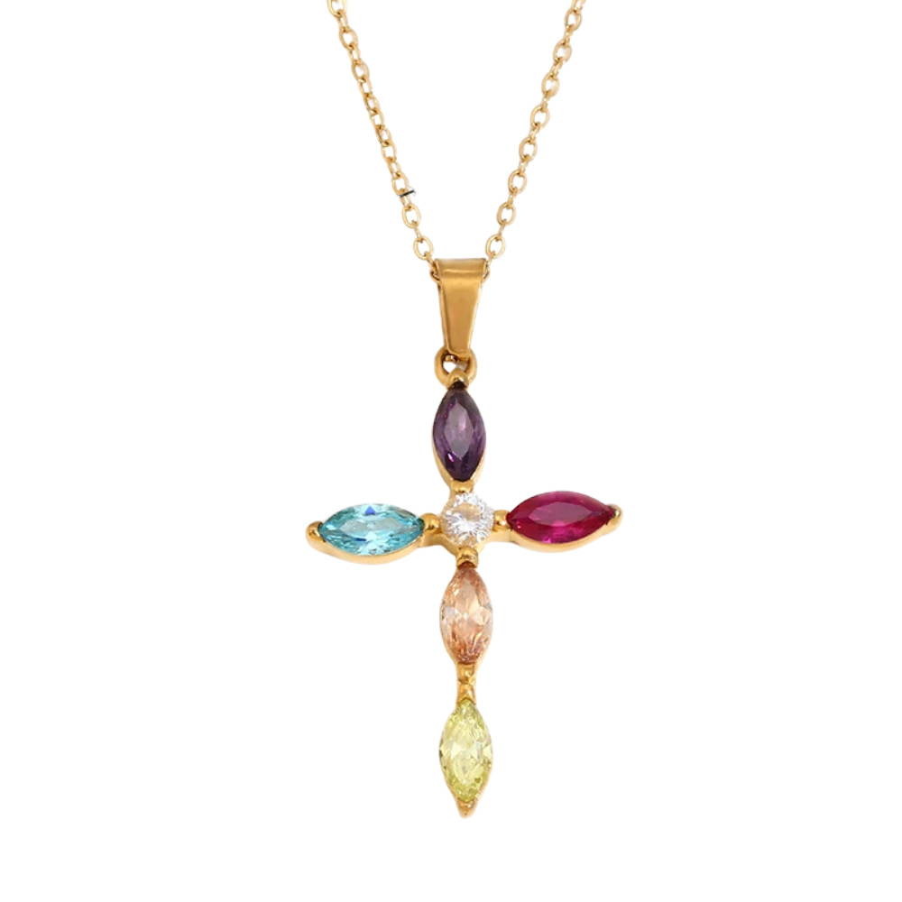 Collier Croix Zircons Colorés