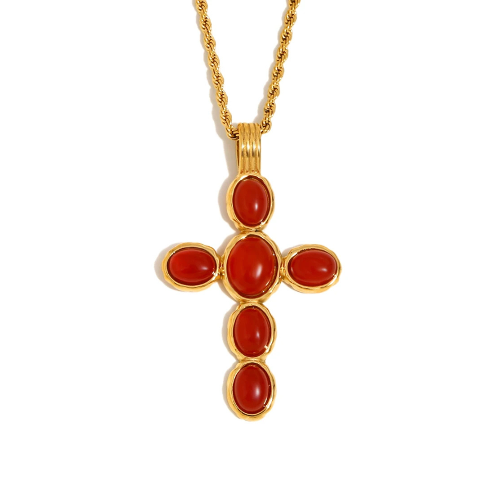 Collier Croix Perles Rouges
