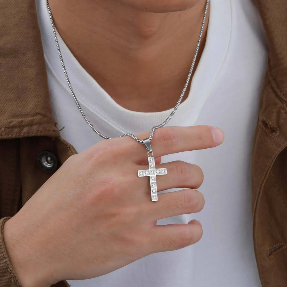 Collier Croix Argent Zircon Homme acier