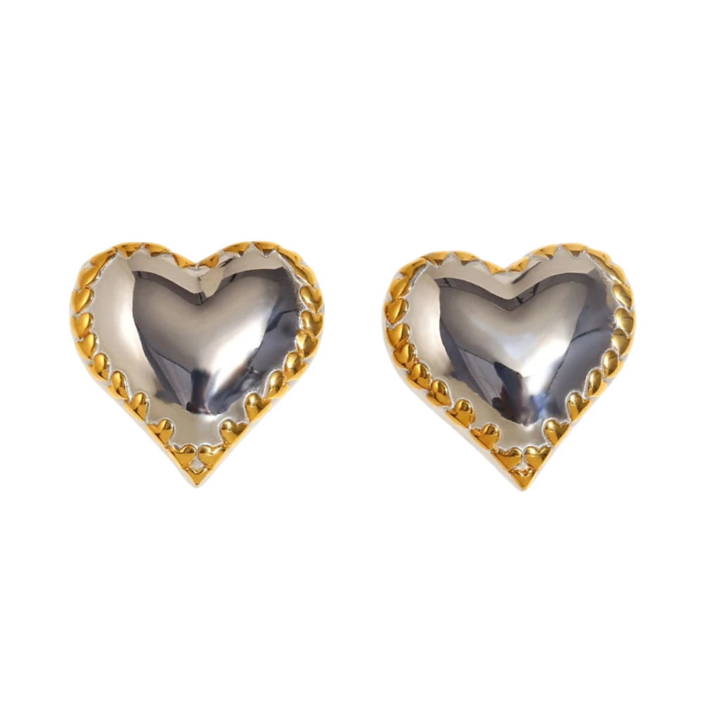 Boucles d'Oreilles Double Coeur Argent et Doré