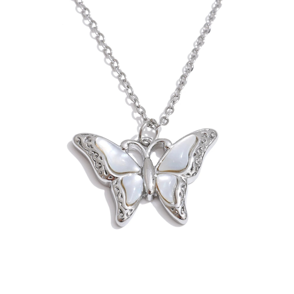 Collier Papillon et Nacre Blanc argent
