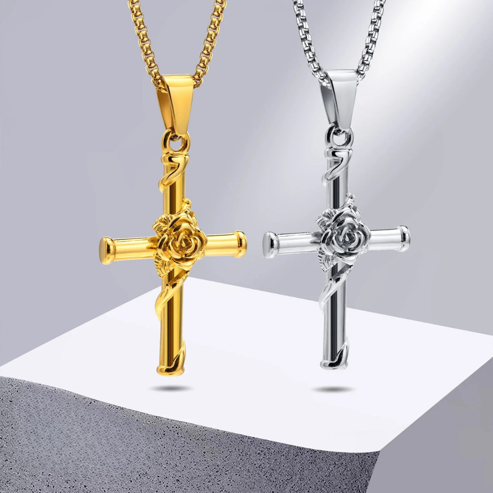 Collier Pendentif Croix et Rose Homme femme