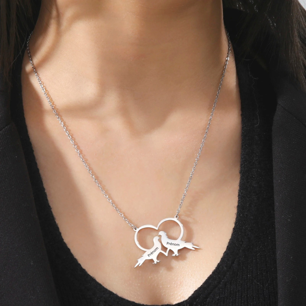 Collier Cœur Tourterelles prénom