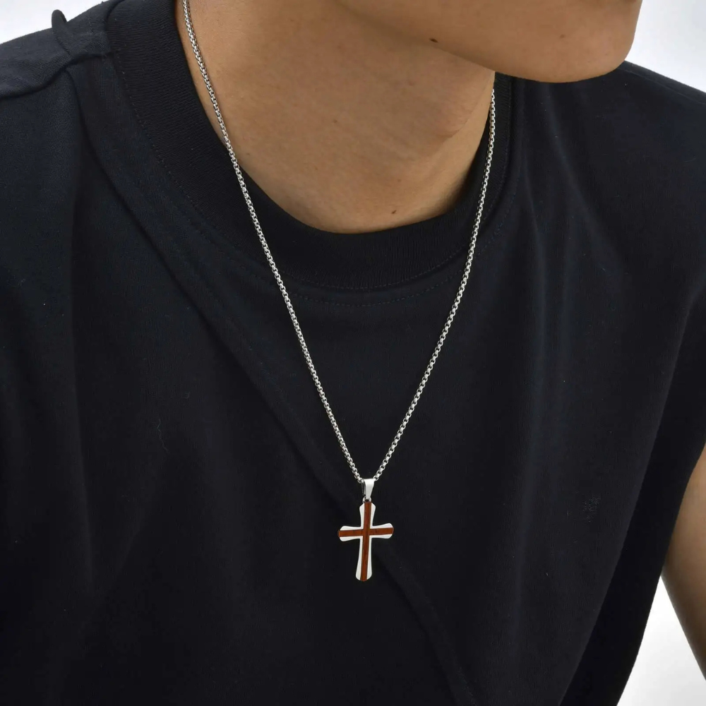 Collier Croix Acier et Bois Homme pendentif