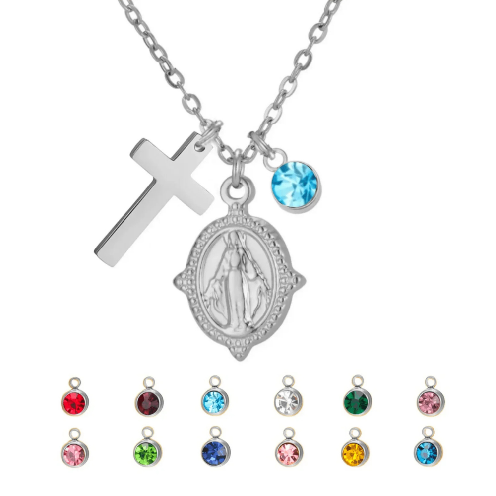 Collier Croix et Vierge avec Diamant argent