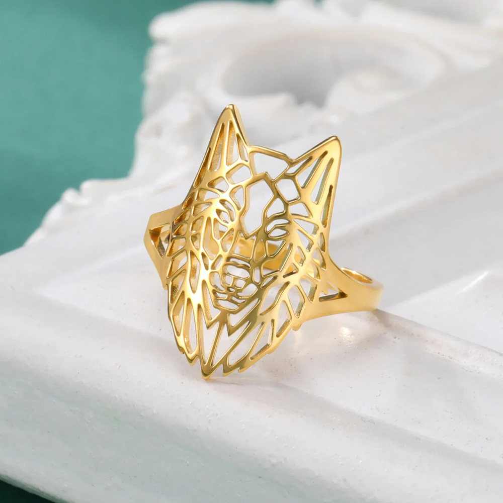 Bague Loup Origami acier doré
