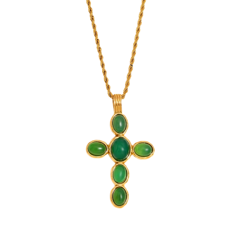 Collier Croix Perles Vertes