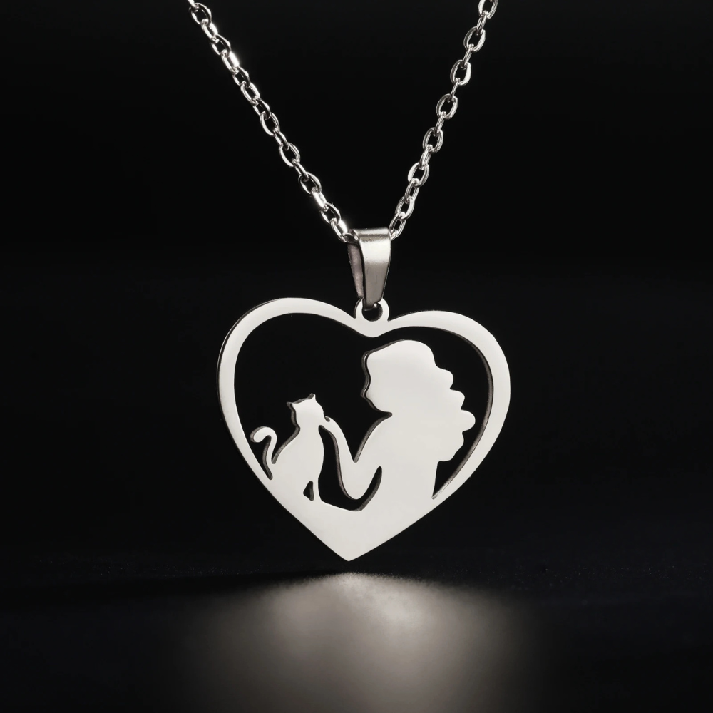 Collier Coeur Chat et Femme acier argenté